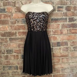 Rose Gold & Black Sequin Strapless Pleated Dress